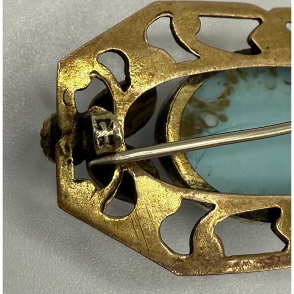 Turquoise brass brooch vintage source unknown - Picture 12 of 13